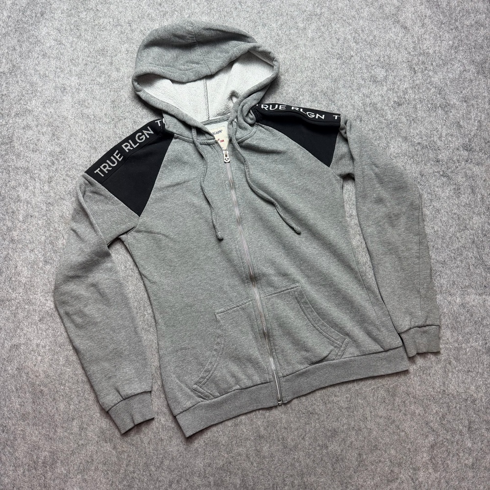 True Religion Hoodie Mens Small Gray Shoulder Logo Full Zip Fleece Sweatshirt